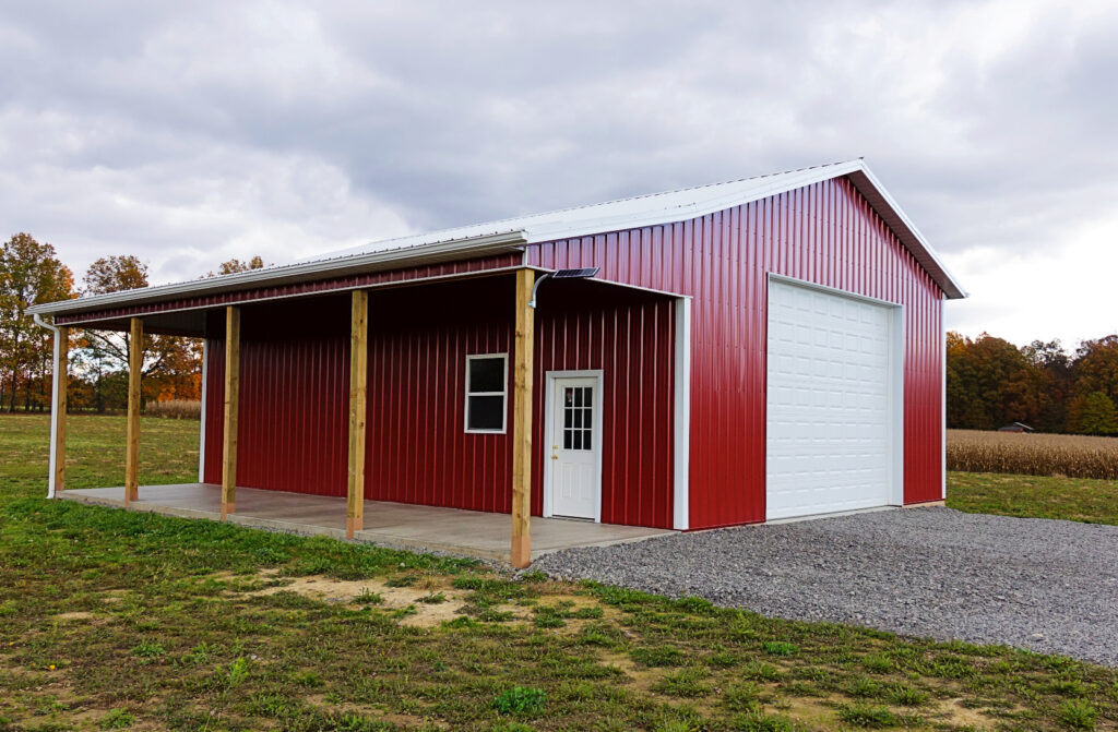 Pole Barn Building  - Building 52 - Garage with lean-to - Red & White