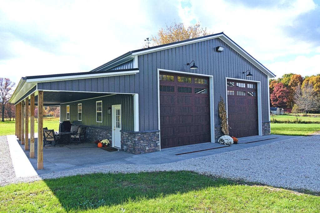 Pole Barn Building  - Building 70 - Garage with stone wainscot - Charcoal, Black & White