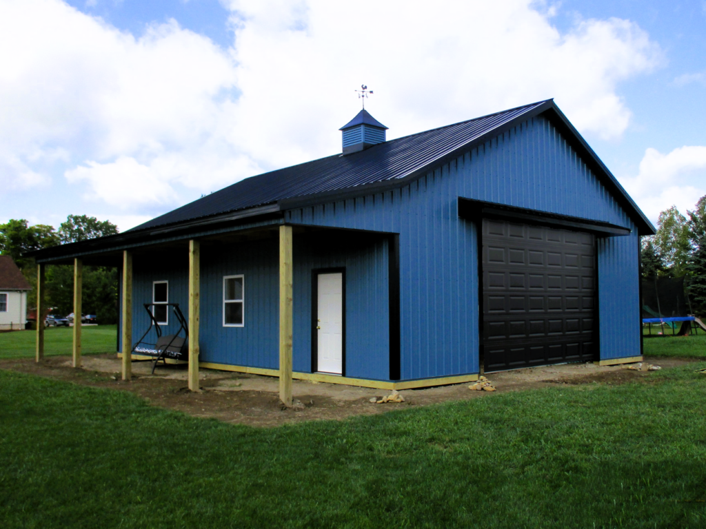 Pole Barn Building  - Building 228 - Medium garage with porch - Hawaiian Blue & Black