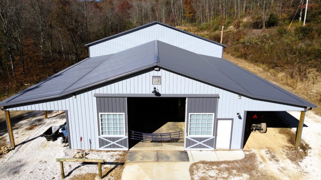 Pole Barn Building  - Building 229 - Stable with attached riding arena - Light Gray & Charcoal