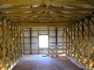 Interior attic space of gambrel building