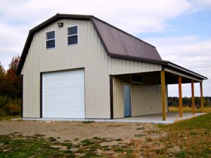 Garage with gambrel style room and porch