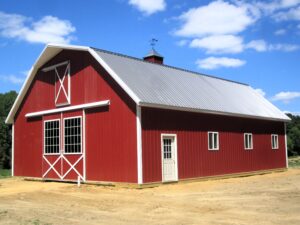 Red barn with gambrel style roof