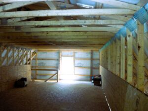 Interior attic space of gambrel building